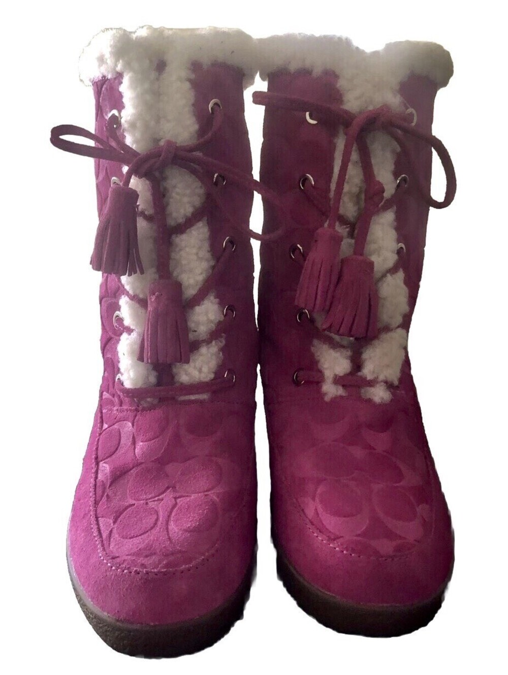 COACH Women's Tuesday  Fuchsia Logo Embossed Suede Sherpa Boots A7408 7M NWOT